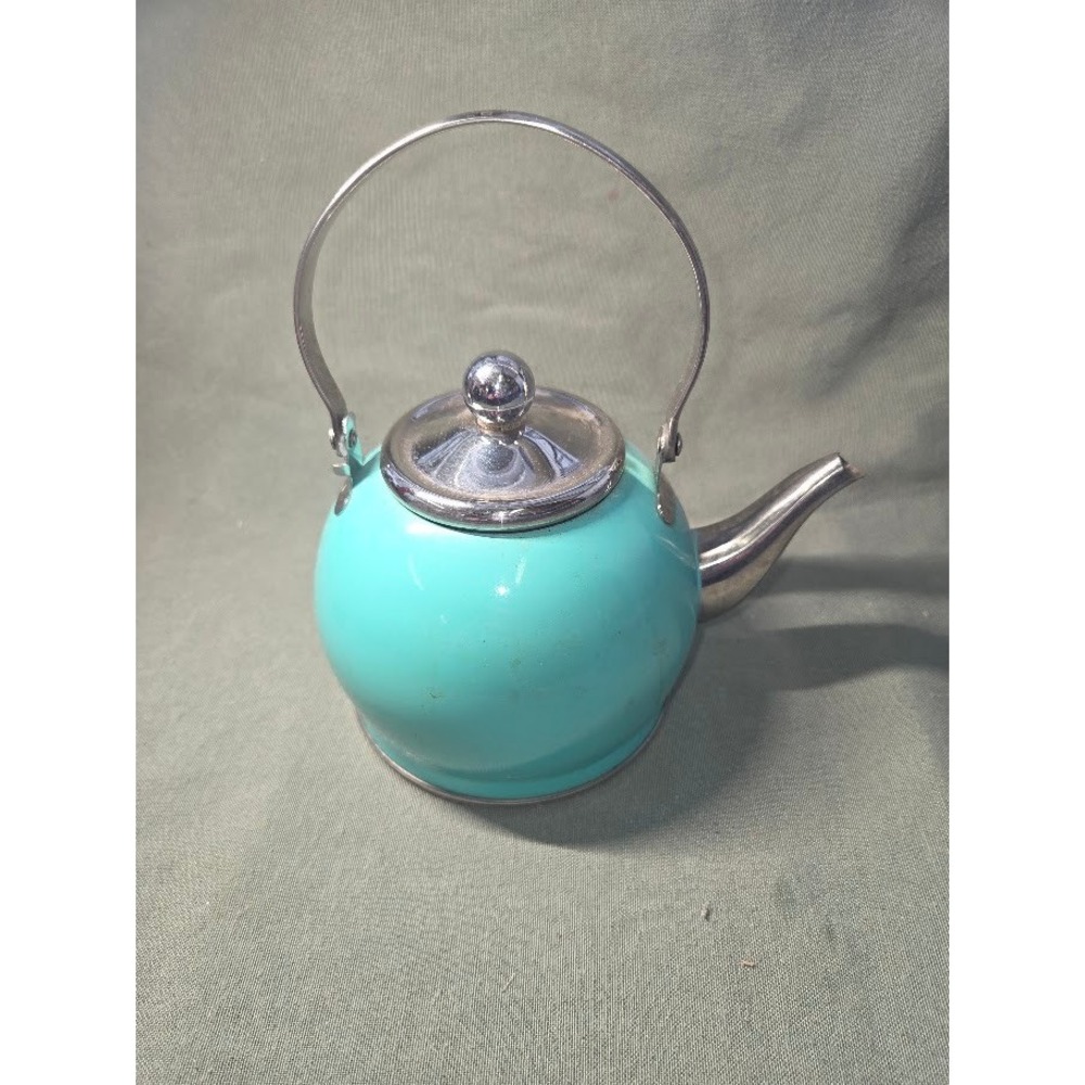 Creative Home Teal Enamel Mini Tea Kettle Stainless Steel Accents Small Teapot